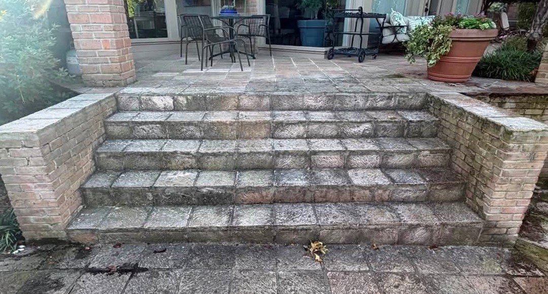 Brick patio steps before cleaning